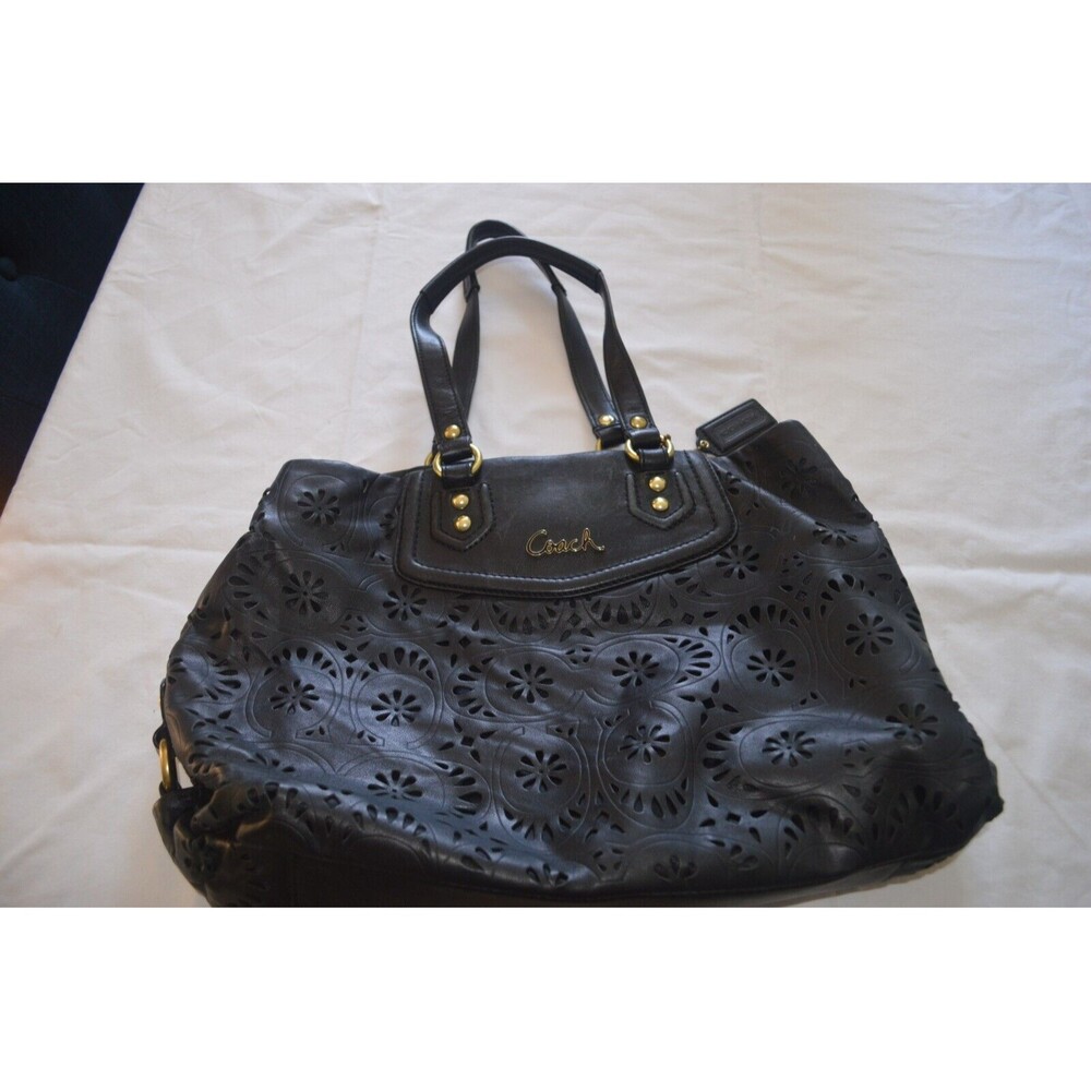 Coach Black Laser-Cut Floral Leather Shoulder Bag